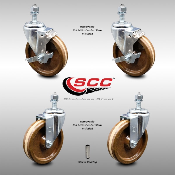 Service Caster 5 Inch SS High Temp Phenolic Swivel 1/2 Inch Threaded Stem Caster Brakes SCC, 2PK SCC-SSTS20S514-PHSHT-121315-2-TLB-2 - main